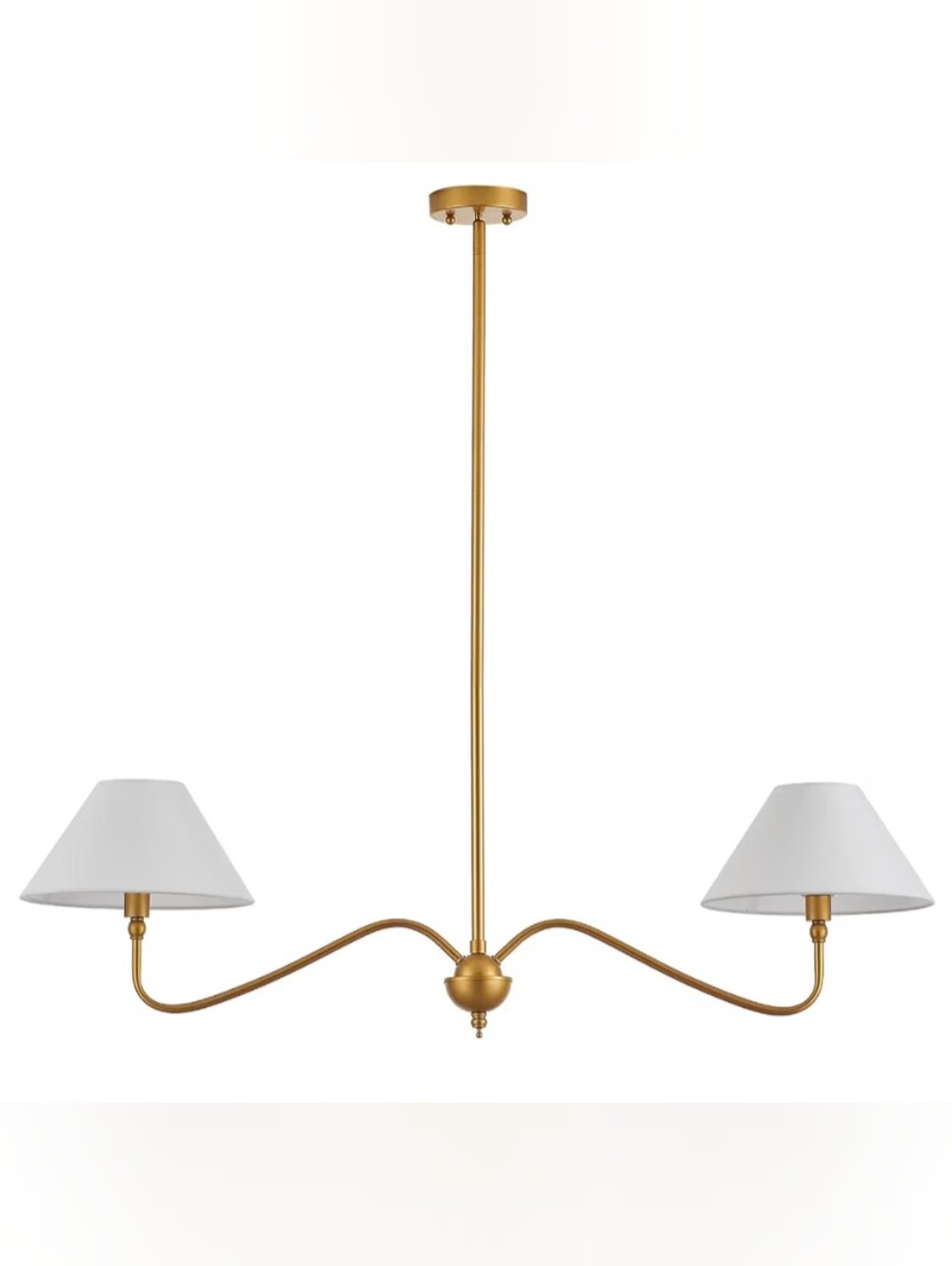 Modern Two-Arm Chandelier in Brushed Gold with Off White Shades NIB
